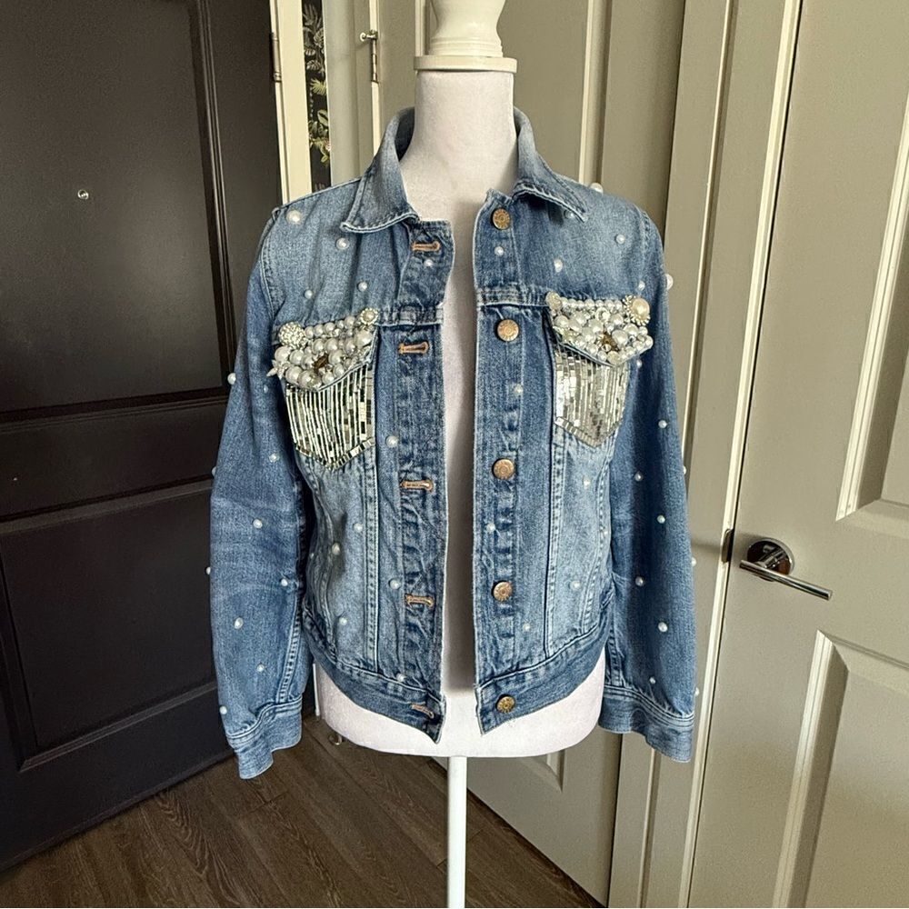 Madewell Custom Rhinestone Cowgirl Bachelorette Disco Fringe Jean Jacket Size M